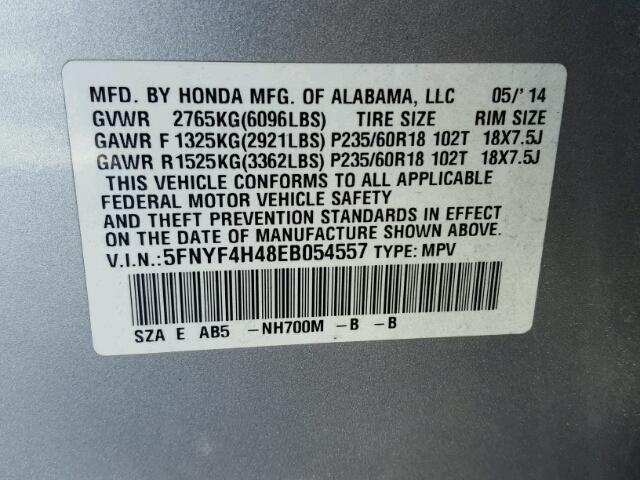 5FNYF4H48EB054557 - 2014 HONDA PILOT EX WHITE photo 10