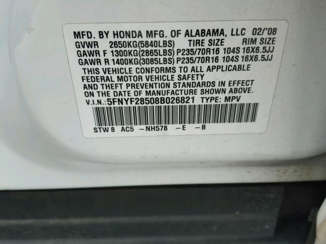 5FNYF28508B026821 - 2008 HONDA PILOT EXL WHITE photo 10