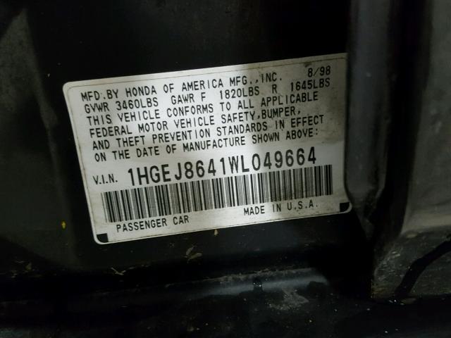 1HGEJ8641WL049664 - 1998 HONDA CIVIC EX BLACK photo 10