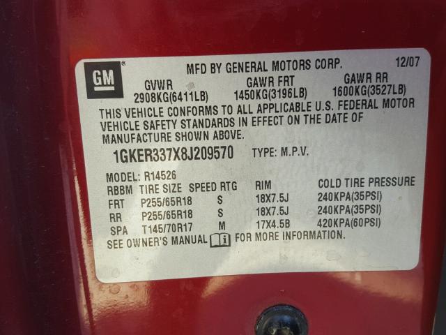 1GKER337X8J209570 - 2008 GMC ACADIA SLT მუქწითელი ფოტო 10