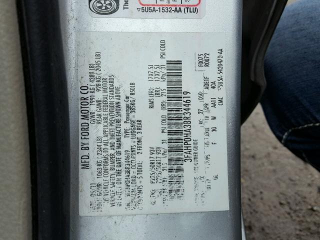 3FAHP0HA3BR344619 - 2011 FORD FUSION SE SILVER photo 10