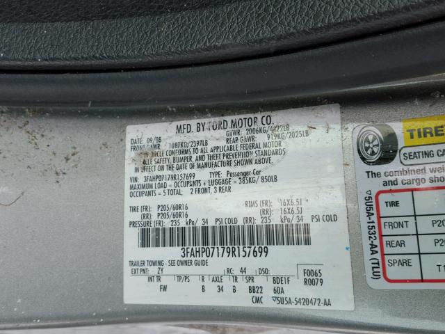 3FAHP07179R157699 - 2009 FORD FUSION SE SILVER photo 10