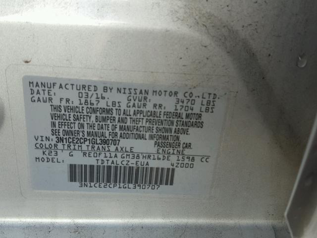 3N1CE2CP1GL390707 - 2016 NISSAN VERSA NOTE SILVER photo 10