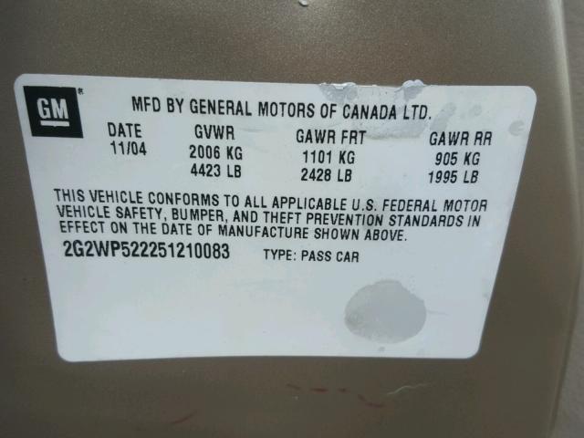 2G2WP522251210083 - 2005 PONTIAC GRAND PRIX GOLD photo 10