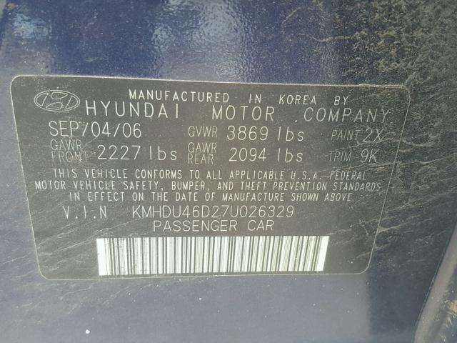 KMHDU46D27U026329 - 2007 HYUNDAI ELANTRA GL BLUE photo 10