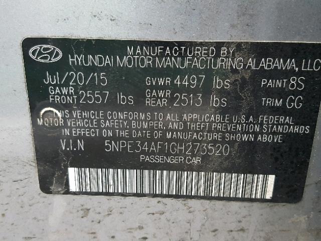 5NPE34AF1GH273520 - 2016 HYUNDAI SONATA SPO GRAY photo 10