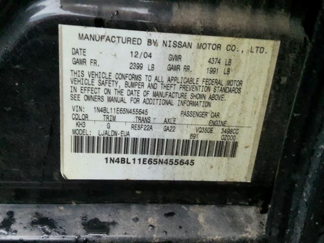 1N4BL11E65N455645 - 2005 NISSAN ALTIMA SE BLACK photo 10