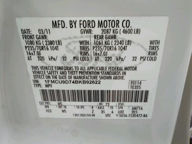 1FMCU9D74BKB92622 - 2011 FORD ESCAPE XLT WHITE photo 10