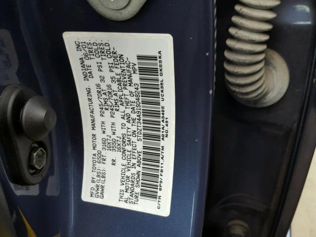 5TDZT34A91S048243 - 2001 TOYOTA SEQUOIA SR BLUE photo 10