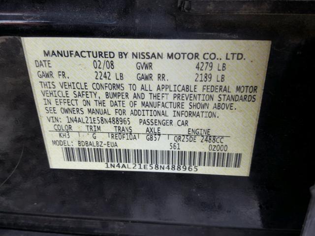 1N4AL21E58N488965 - 2008 NISSAN ALTIMA 2.5 BLACK photo 10