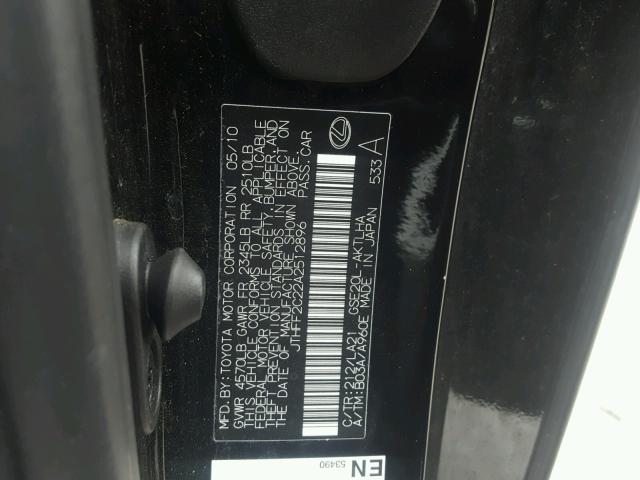 JTHFF2C22A2512896 - 2010 LEXUS IS 250 BLACK photo 10