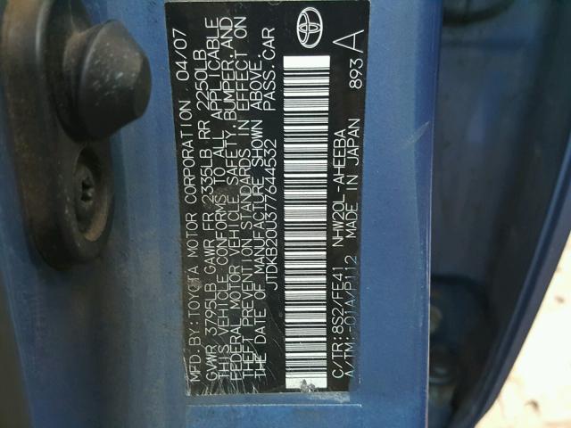 JTDKB20U377644532 - 2007 TOYOTA PRIUS BLUE photo 10