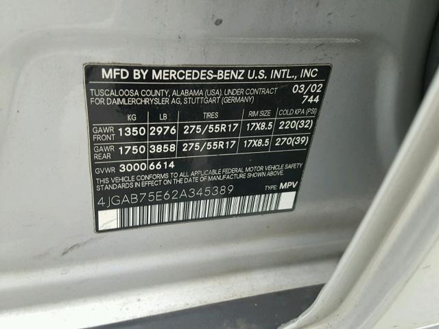 4JGAB75E62A345389 - 2002 MERCEDES-BENZ ML 500 SILVER photo 10