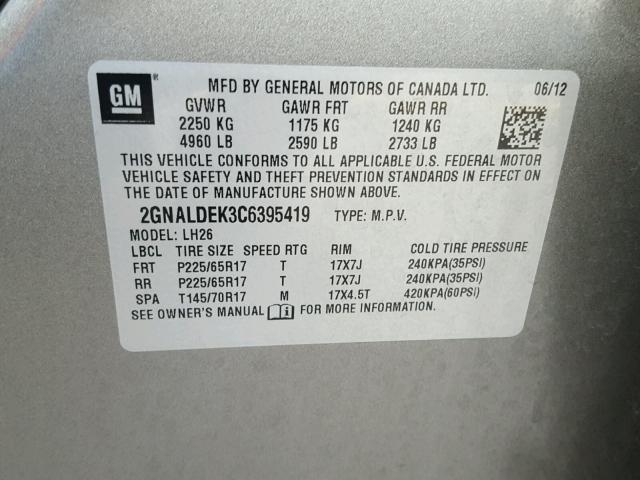 2GNALDEK3C6395419 - 2012 CHEVROLET EQUINOX LT GRAY photo 10