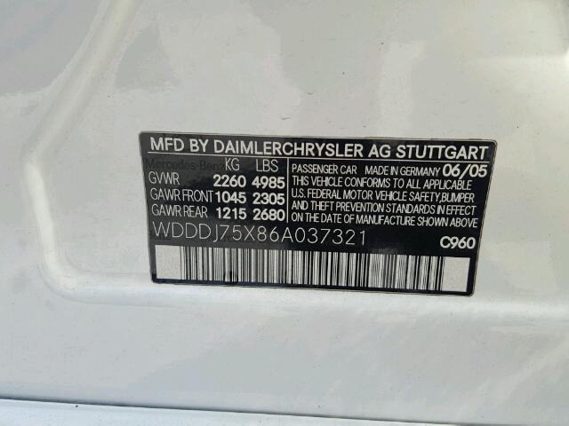 WDDDJ75X86A037321 - 2006 MERCEDES-BENZ CLS 500C WHITE photo 10