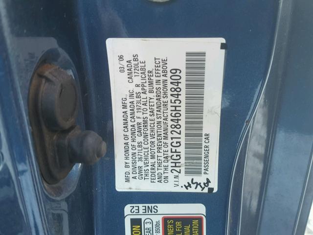 2HGFG12846H548409 - 2006 HONDA CIVIC EX 蓝色 照片 10