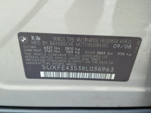 5UXFE43538L036963 - 2008 BMW X5 3.0I TAN photo 10