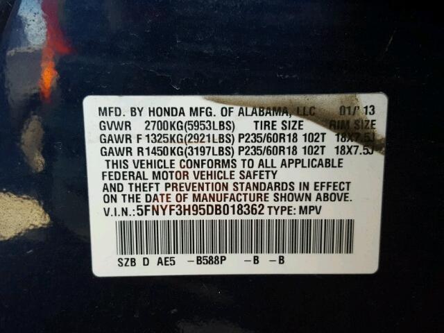 5FNYF3H95DB018362 - 2013 HONDA PILOT TOUR BLUE photo 10