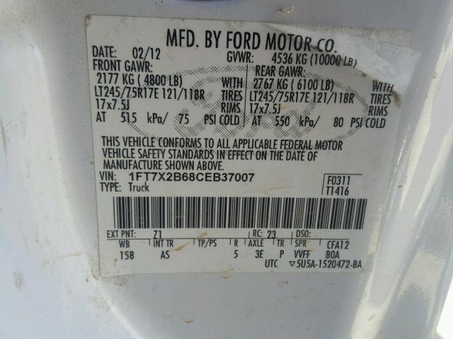 1FT7X2B68CEB37007 - 2012 FORD F250 SUPER WHITE photo 10