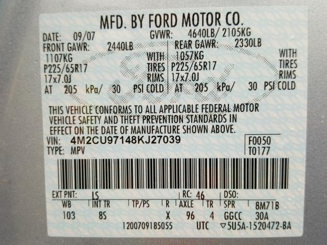 4M2CU97148KJ27039 - 2008 MERCURY MARINER PR BLUE photo 10