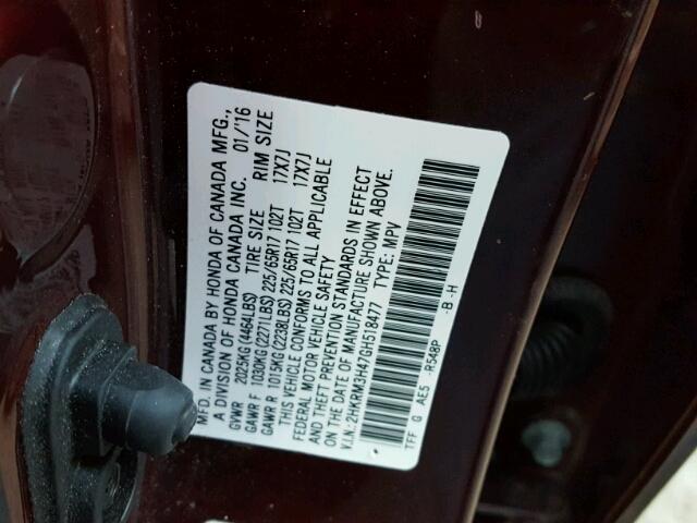 2HKRM3H47GH518477 - 2016 HONDA CR-V SE BURGUNDY photo 10