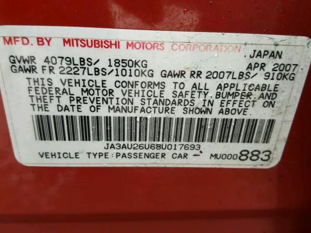 JA3AU26U68U017693 - 2008 MITSUBISHI LANCER ES RED photo 10