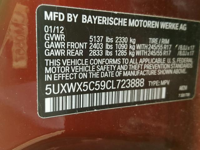 5UXWX5C59CL723888 - 2012 BMW X3 XDRIVE2 RED photo 10