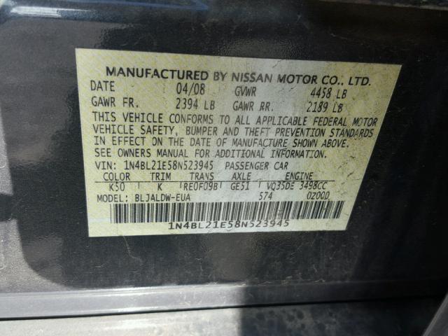 1N4BL21E58N523945 - 2008 NISSAN ALTIMA 3.5 GRAY photo 10