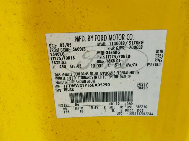 1FTWW31P16EA05290 - 2006 FORD F350 SRW S YELLOW photo 10