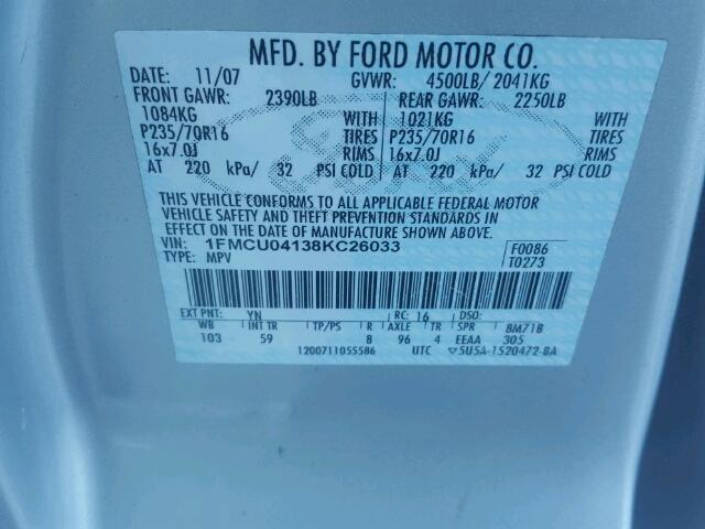 1FMCU04138KC26033 - 2008 FORD ESCAPE LIM SILVER photo 10