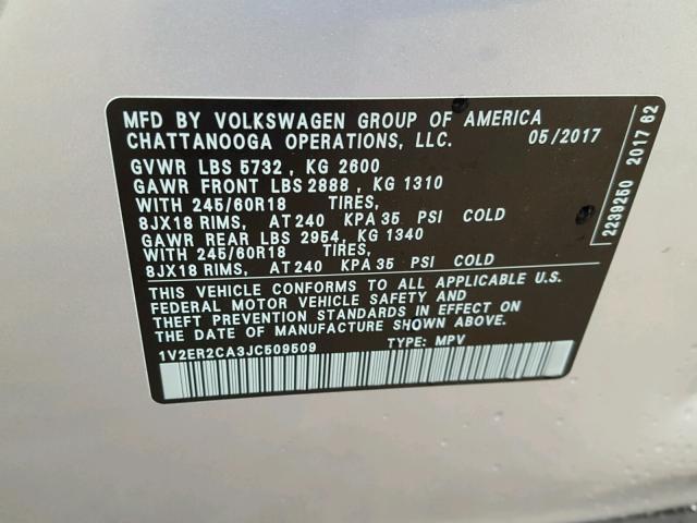 1V2ER2CA3JC509509 - 2018 VOLKSWAGEN ATLAS SEL Gümüş foto 10