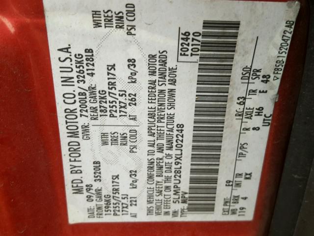 5LMPU28L9XLJ02248 - 1999 LINCOLN NAVIGATOR წითელი ფოტო 10