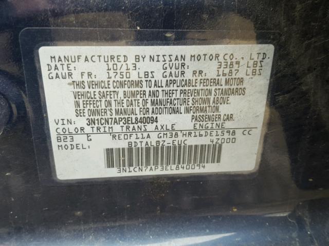 3N1CN7AP3EL840094 - 2014 NISSAN VERSA BLUE photo 10