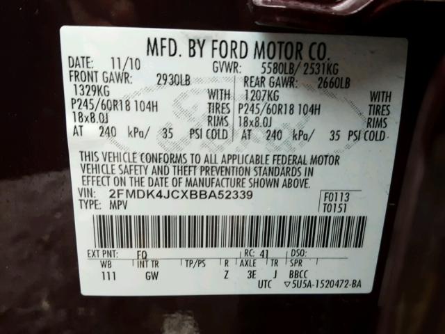 2FMDK4JCXBBA52339 - 2011 FORD EDGE SEL MAROON photo 10