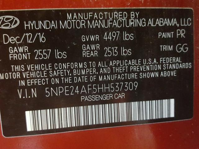 5NPE24AF5HH537309 - 2017 HYUNDAI SONATA SE RED photo 10