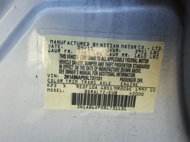 3N1AB6AP0BL731131 - 2011 NISSAN SENTRA 2.0 SILVER photo 10