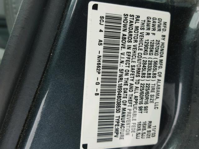 5FNRL18994B038650 - 2004 HONDA ODYSSEY EX GRAY photo 10