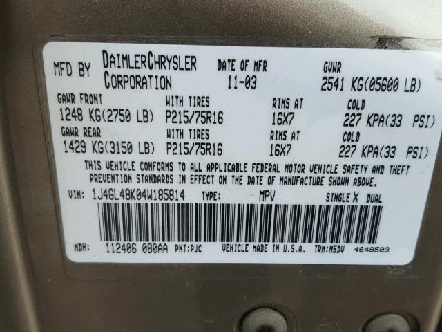 1J4GL48K04W185814 - 2004 JEEP LIBERTY SP GOLD photo 10