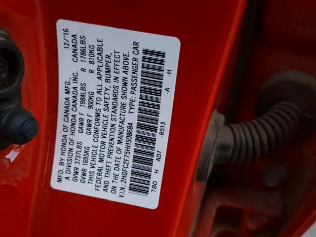 2HGFC2F75HH508684 - 2017 HONDA CIVIC EX წითელი ფოტო 10