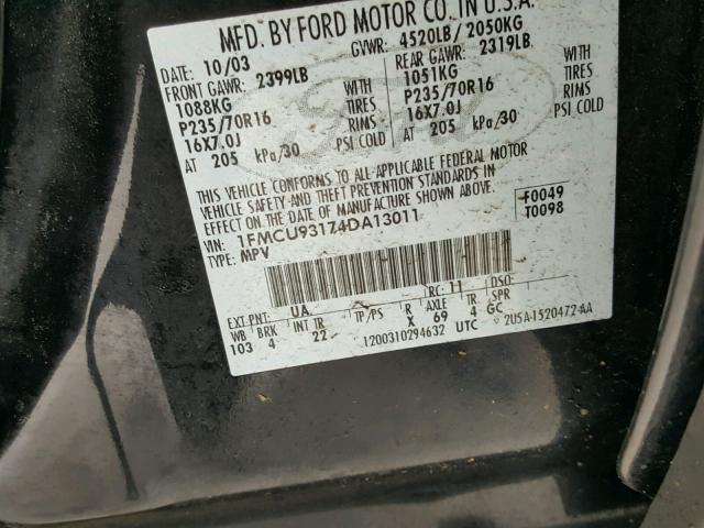 1FMCU93174DA13011 - 2004 FORD ESCAPE XLT BLACK photo 10