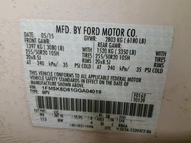 1FM5K8D81GGA04019 - 2016 FORD EXPLORER X WHITE photo 10