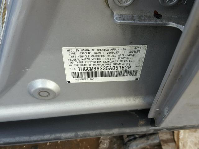 1HGCM66335A051629 - 2005 HONDA ACCORD LX SILVER photo 10