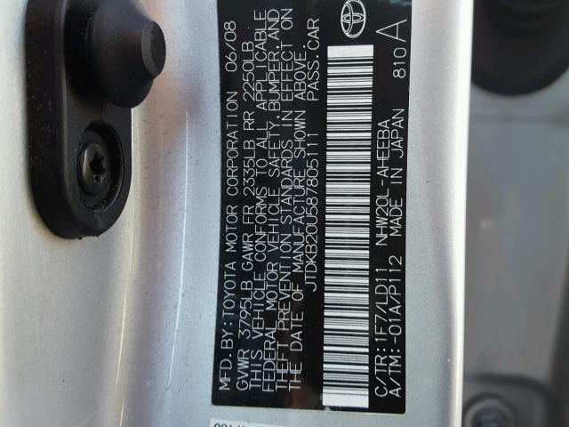 JTDKB20U587805111 - 2008 TOYOTA PRIUS SILVER photo 10