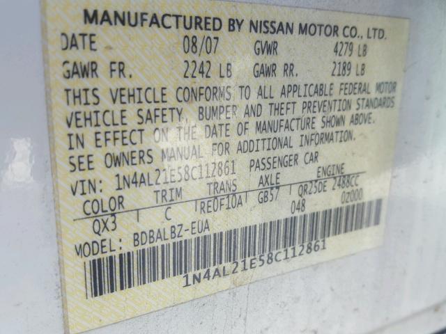 1N4AL21E58C112861 - 2008 NISSAN ALTIMA 2.5 WHITE photo 10