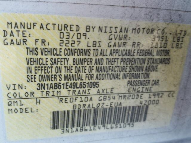 3N1AB61E49L651095 - 2009 NISSAN SENTRA 2.0 WHITE photo 10