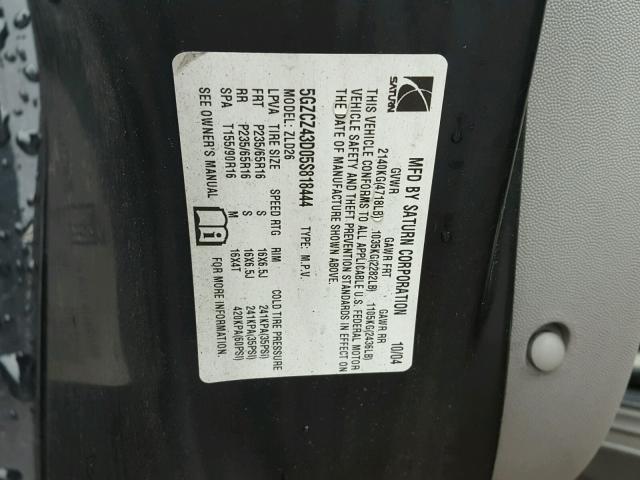 5GZCZ43D05S818444 - 2005 SATURN VUE BLACK photo 10