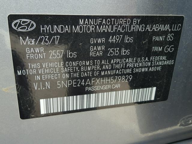 5NPE24AFXHH579829 - 2017 HYUNDAI SONATA SE SILVER photo 10