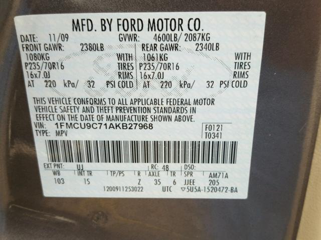 1FMCU9C71AKB27968 - 2010 FORD ESCAPE XLS GRAY photo 10