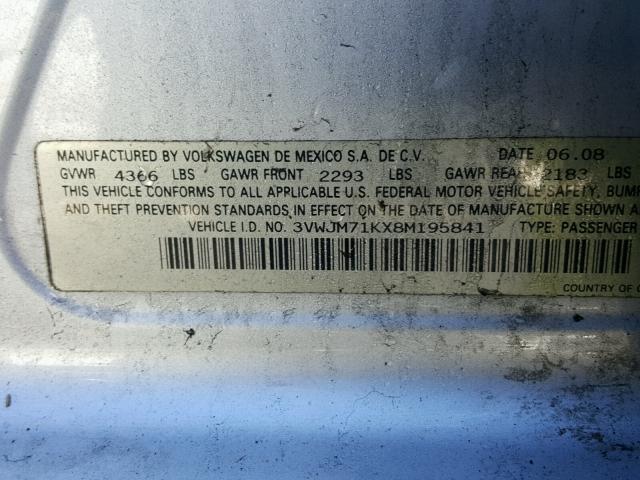 3VWJM71KX8M195841 - 2008 VOLKSWAGEN JETTA S 银色 照片 10