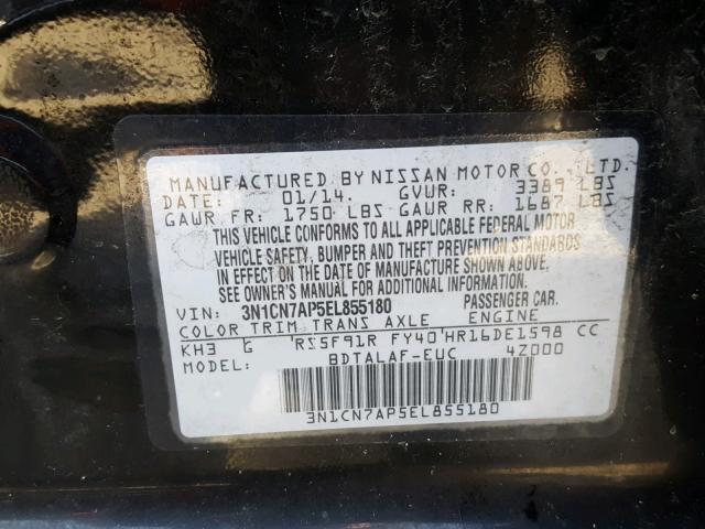 3N1CN7AP5EL855180 - 2014 NISSAN VERSA S BLACK photo 10